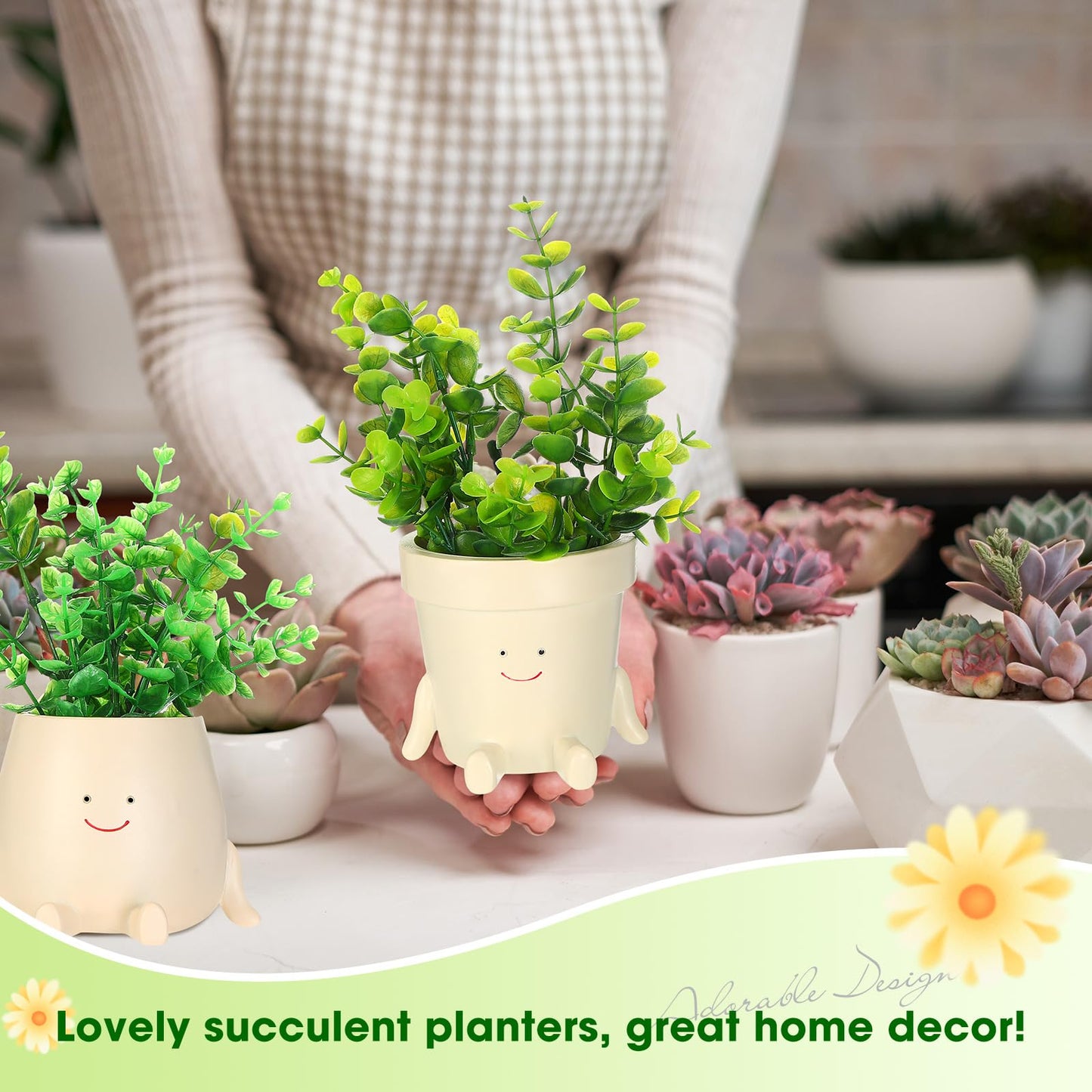 Nuogo 2 Pieces Cute Plant Pots Face Resin Succulent Flower Pot Indoor Head Planters Fun Novelty Planters with Drainage Legs Out for Christmas Plant Lover Gardening Gift Outdoor(Classic, Cup Style)