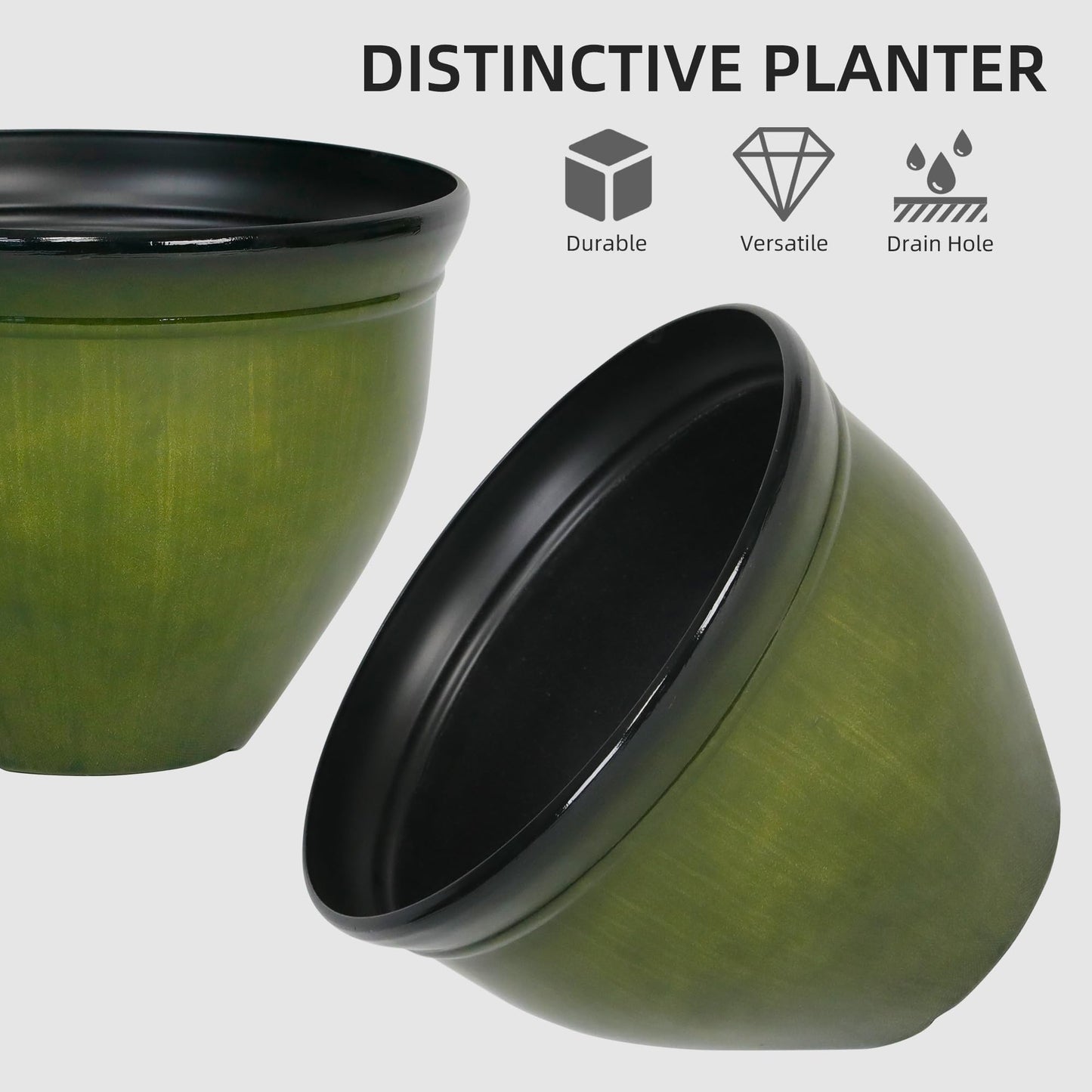 Worth Garden 12-Inch Dia. Round Green Plastic Planters with Drain Holes, 9.5-Inch Height - 4-Pack Glossy Finish Bell-Shaped Plant Pot – Lightweight Indoor/Outdoor Flower Pots