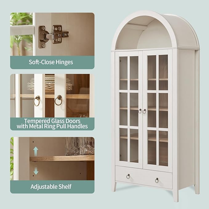 Farmhouse Arched Cabinet with Glass Doors, Wood Display Cabinet with Drawer and