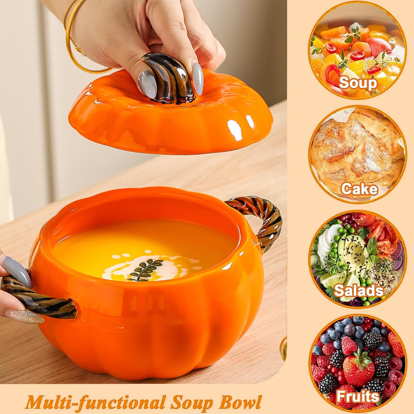 Dutch Pot with Lid, Pumpkin Shaped Ceramic Dessert Bowl, Cute Cushaw Bowl, Pumpkin Shaped Clay Pot Safe for Microwave and Dishwasher, Ideal Kitchen Decoration and Gift for Halloween (Orange)