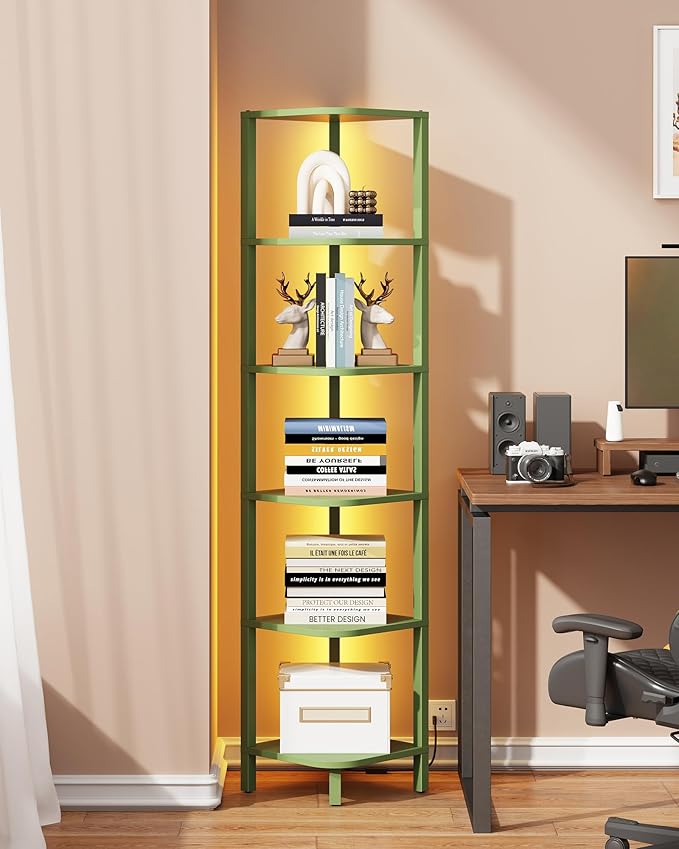 TUTOTAK Corner Shelf with LED Light, 6-Tier Corner Bookshelf