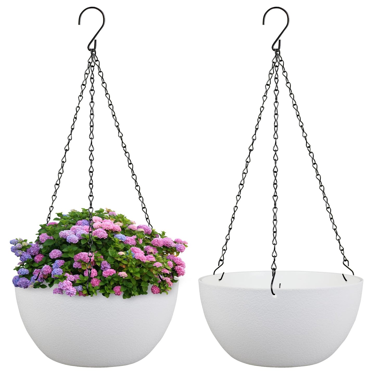 Meowell 10 inch Hanging Planters for Indoor Outdoor Plants, 2 Pack Hanging Flower Pots with Drainage Holes and Chain for Garden Balcony Porch, Round Plastic Hanging Baskets for House Plants, White