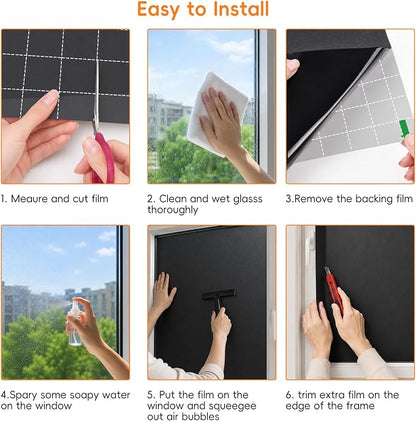 Blackout Window Privacy Film, Removable Window Cover Static Cling, Darkening Light Heat Blocking, Window Tint for Home Garage Bedroom Day Sleep, Black 17.5 Inch * 157.4 Inch