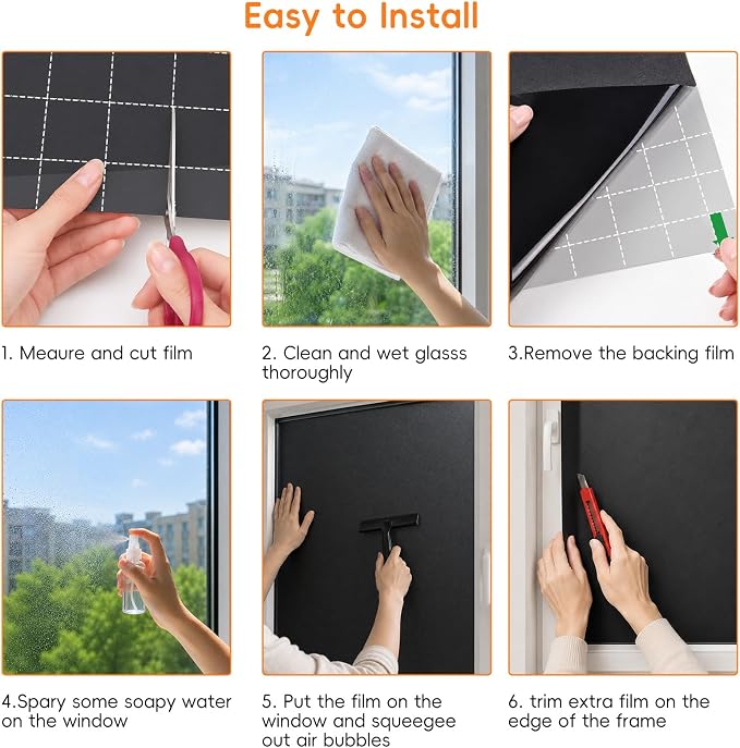Blackout Window Privacy Film, Removable Window Cover Static Cling, Darkening Light Heat Blocking, Window Tint for Home Garage Bedroom Day Sleep, Black 29.5 Inch * 78.74 Inch