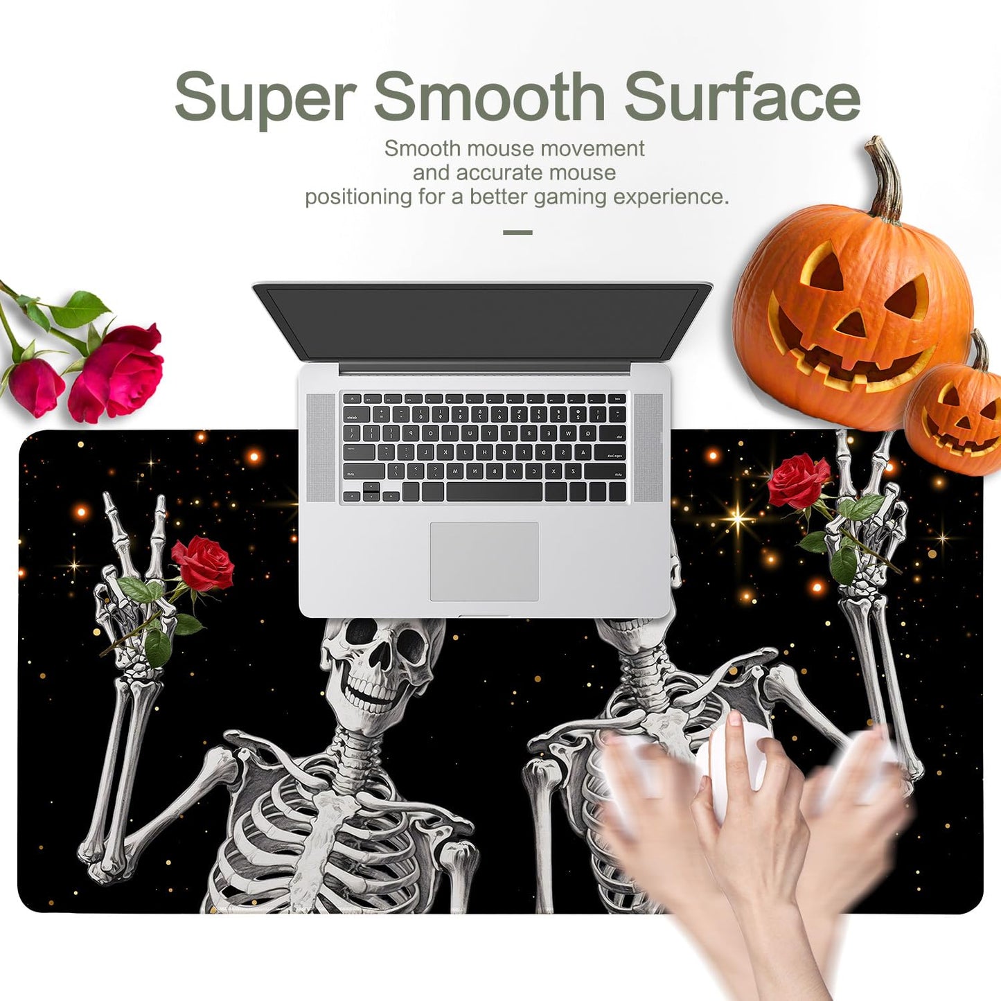 Love, Roses and Skulls Mouse Pad Desk Mat, Waterproof Black XXL Extended Large Gaming Mouse Pad Halloween Skull Rose Desk Pad Mousepad XXL Extended Keyboard Mat Mouse Mat, 31.5 x 15.7 in
