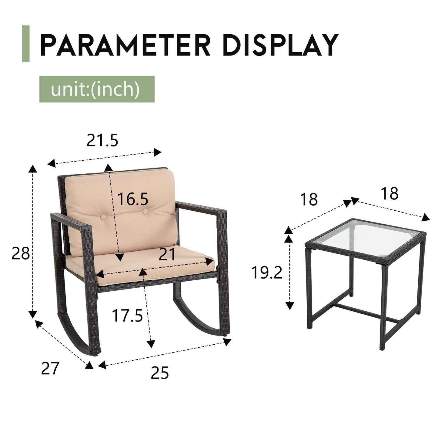 FDW Wicker Patio Furniture Outdoor Bistro Set, Rocking Chair, 3 Piece, Rattan Conversation Set for Backyard Porch Poolside Lawn with Coffee Table,Black