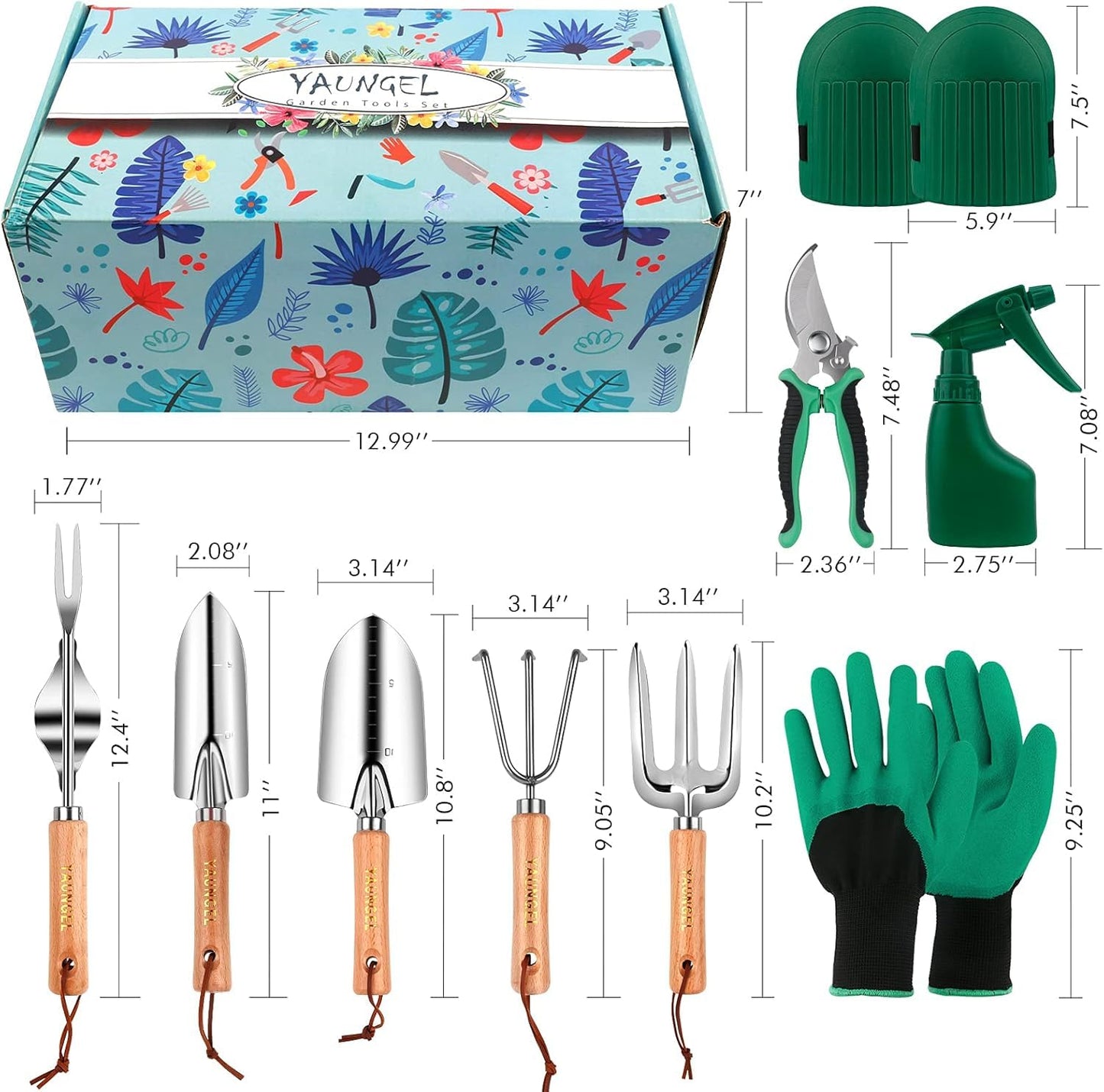YAUNGEL Gardening Tools Set of 10 Heavy Duty Gardening Hand Tools Stainless Steel Garden Tools with Wooden Handle, Storage Garden Bag, Gardening Gifts for Women and Men