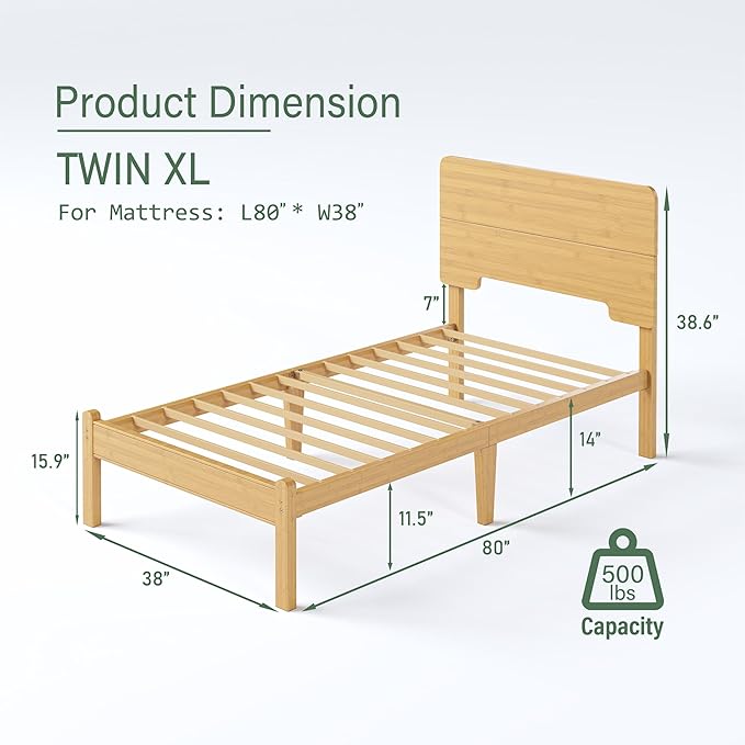 BOSRII 14in High Solid Bamboo Wood Platform Twin XL Bed Frame