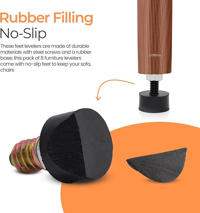 M8 Rubber Adjustable Furniture Leveler，8 Pack Leveling Feet Screws in Threaded
