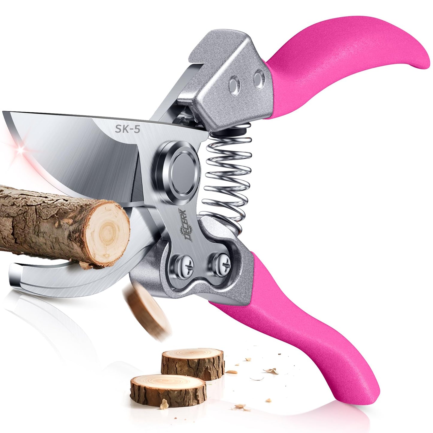 DECERK® 8.5" Bypass Pruning Shears for Women – Lightweight Garden Scissors, Ultra Sharp SK5 Blade, Ergonomic Handle Reduces Hand Fatigue, Ideal Pruners for Arthritic Hands, Pink Tools Gift for Mom