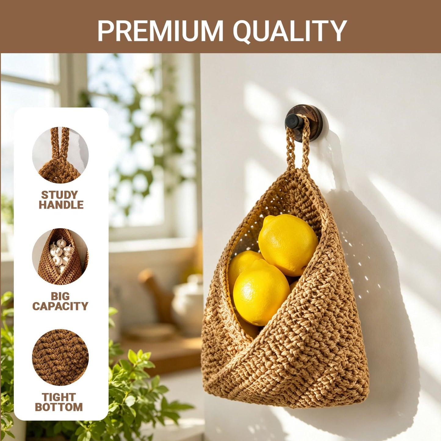 Boho Hanging Wall Baskets for Kitchen – 3 Pack Handwoven Jute Teardrop Storage Baskets with Adhesive Hooks for Fruit Onion Potato Vegetable, Farmhouse Wall Decor (Linen/Triangle/Jute, 3 Sizes)