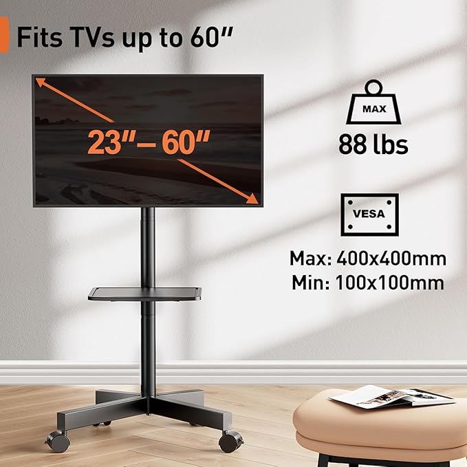 Perlegear Rolling TV Stand for 23-60 Inch LED Flat Screen/Curved TVs up to 88lbs