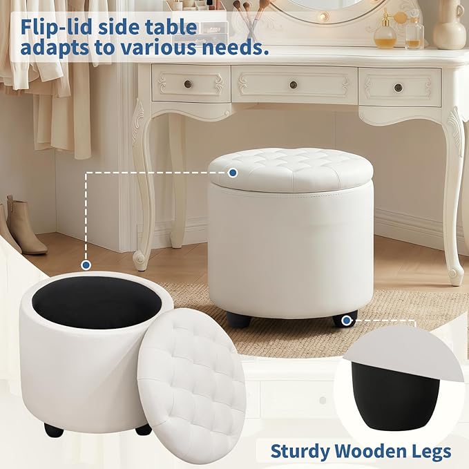Furniliving Upholstered Button Tufted Round Ottoman, PU Storage Ottoman Round