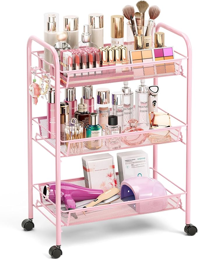 TOOLF 3 Tier Rolling Cart Pink