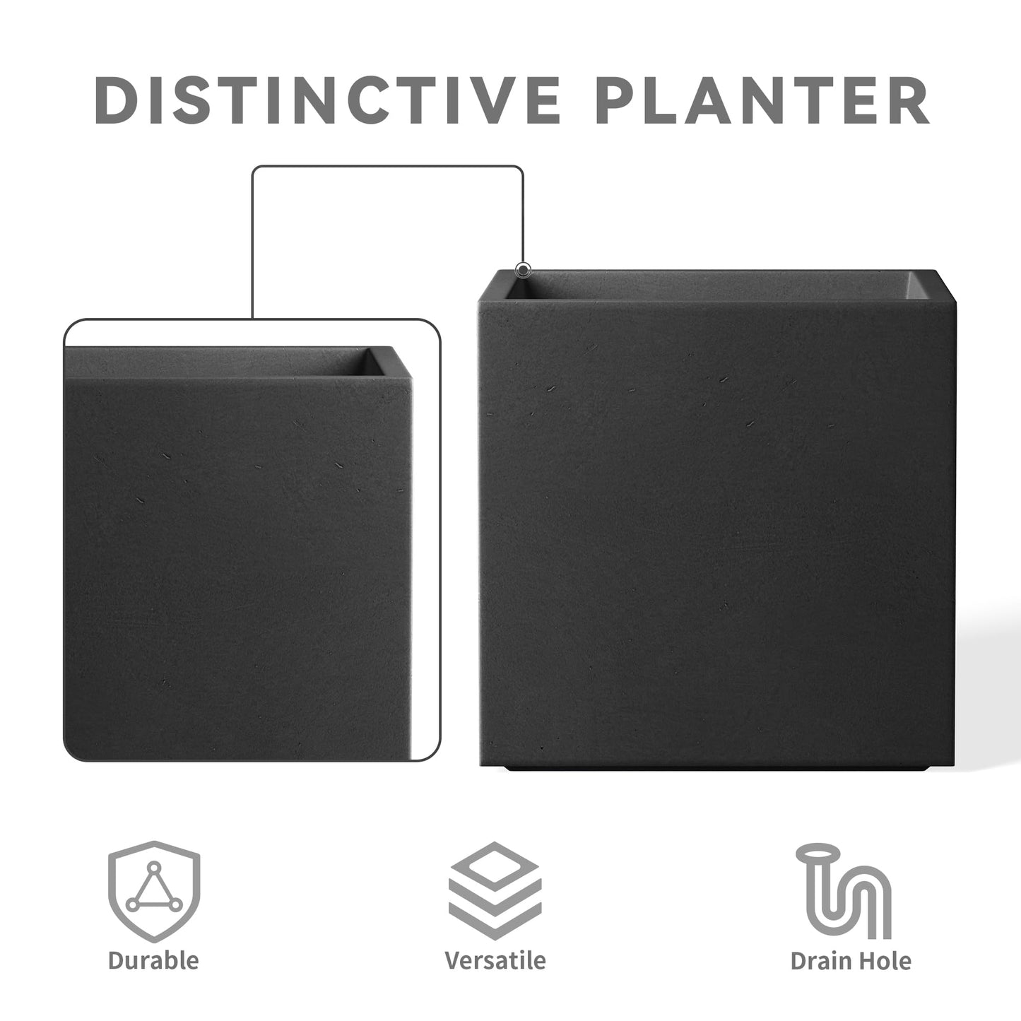 Kante 12 Inch Square Concrete Planter for Outdoor Indoor Home Patio Garden, Large Plant Pot with Drainage Hole and Rubber Plug, Black