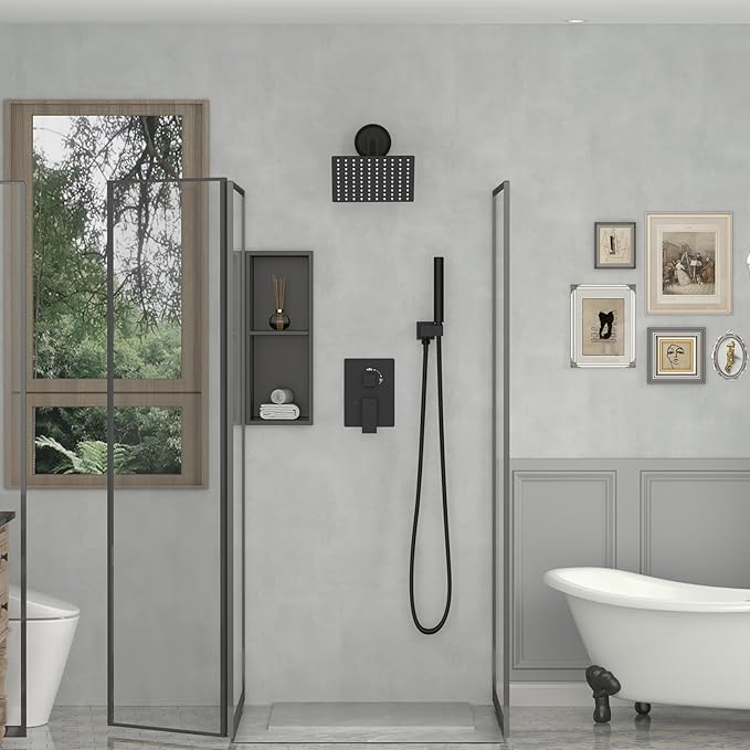 BESy 8 Inch Rain Shower Head, 8" Square Rainfall & High Pressure Stainless Steel Bath Showerhead, 1/16" Ultra Thin, Waterfall Full Body Coverage with Silicone Nozzle, Matte Black Finish
