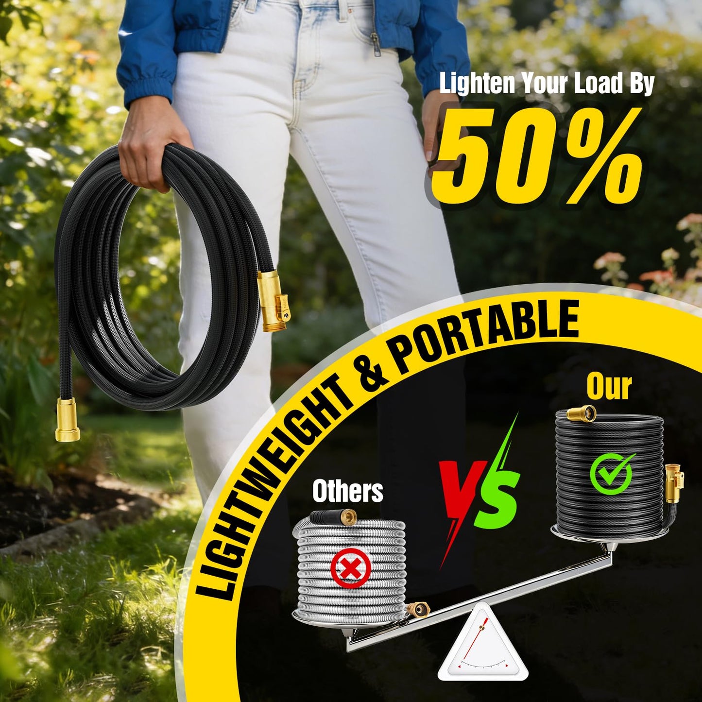Garden Hose 25 ft Non-Expandable, Flexible Water Hose, Lightweight Hose with 10-Function Nozzle for Yard, Portable, Leak Proof, All-Weather Water Pipe for Outdoor, Car Wash, RV, Lawn