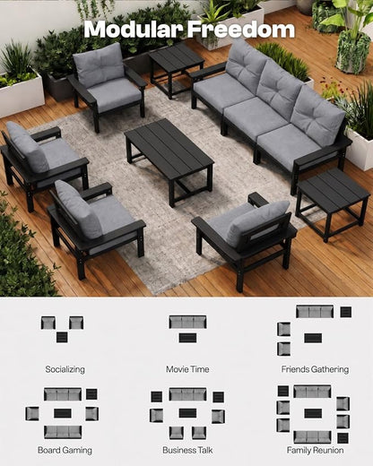 HDPE Outdoor Patio Furniture Set, 10-Piece Patio Conversation Set with 3-Seat Sofa, 4 Armchairs, 2 Side Tables & 1 Coffee Table, All-Weather Outdoor Sofa Set for Deck, Porch (Black Frame)