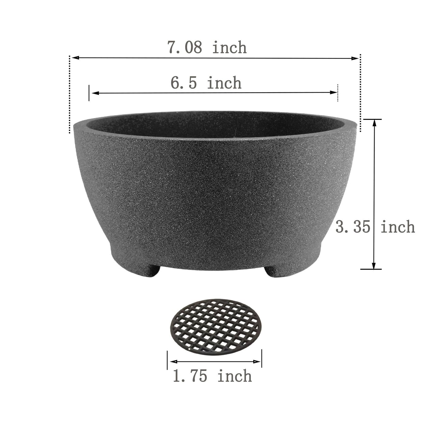 TINYVISTA 7” Gray Unglazed Bonsai Pot with Drainage Holes - Ceramic Clay Planter for Ficus Trees, Succulents & Indoor Plants, 3.3" High Round