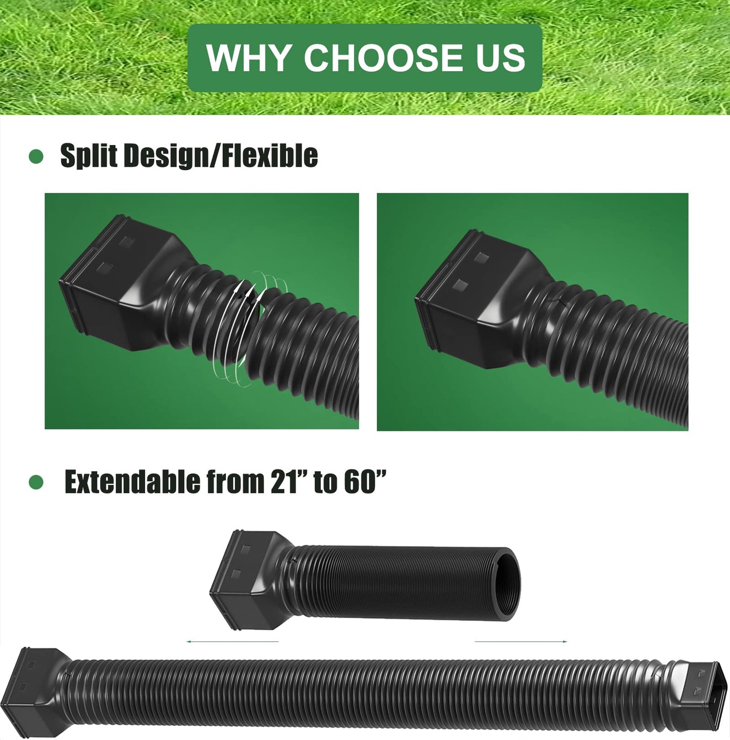 2 Pack Rain Gutter Downspout Extensions Flexible,Down Spout Extender Diverter Extendable from 21 to 68 in,Screws for Included,Black