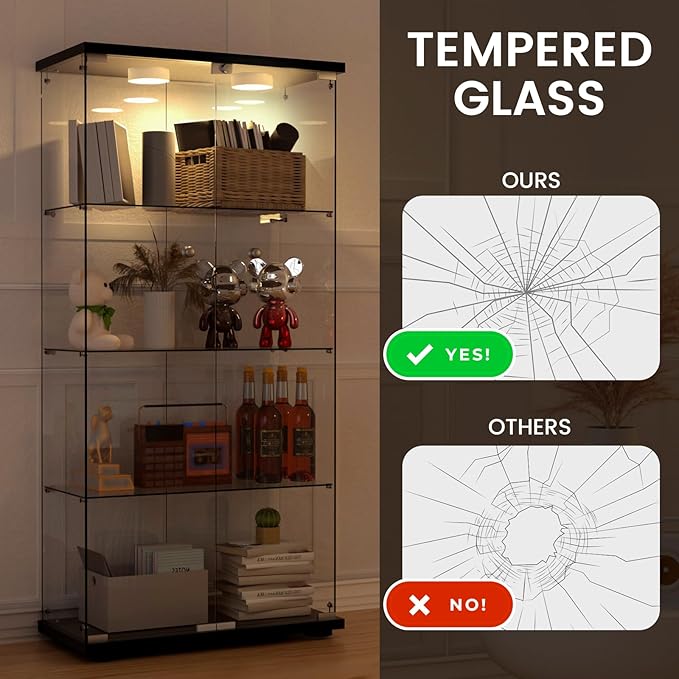 Display Cabinet with Light, Glass Door and Lock, 4-Shelf Fast Installation in
