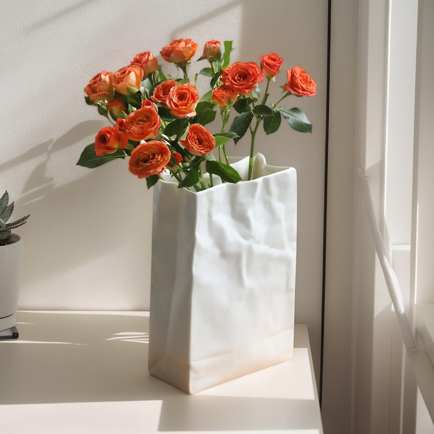 Pumtus Crinkle Paper Bag Ceramic Vase, 7.5 Inch Unique Flower Vase, White Matte Square Wide Mouth Pleated Planter, Minimalist Boho Pot for Flower Arrangement Table Centerpiece Home Office Decor