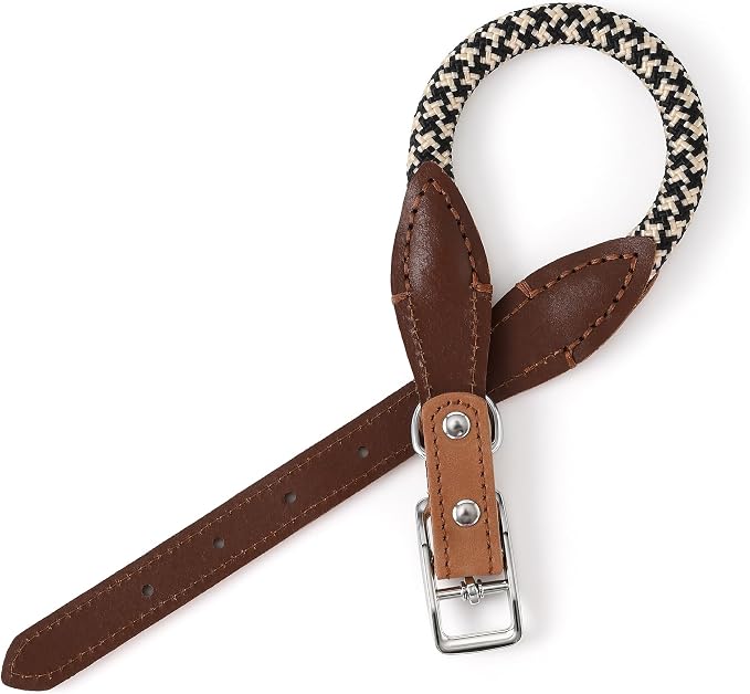 Mile High Life Genuine Leather Dog Collar, Durable Braided Cotton Rope Collar with Metal Pin Buckle for Small Medium Large Dogs (Black Khaki, M Neck 15"-18")