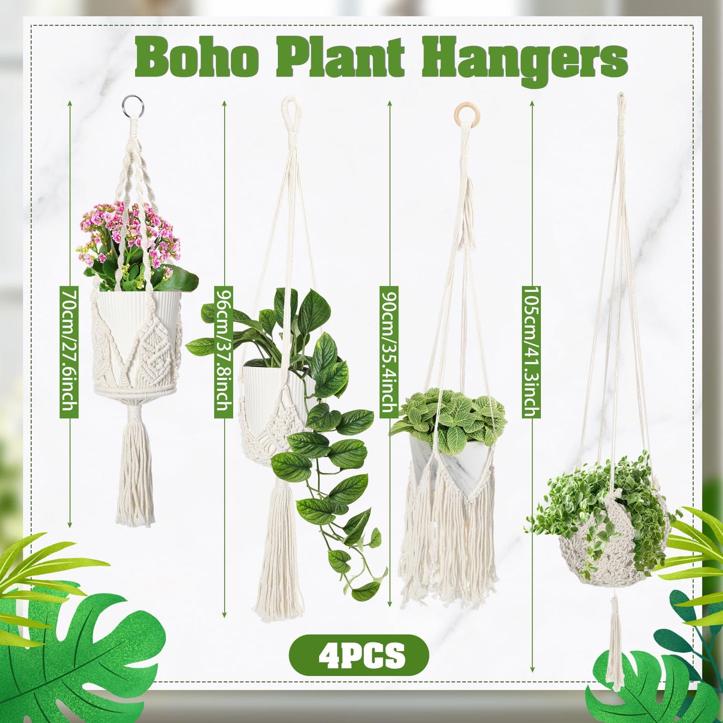 Wovnet 4 Packs Macrame Plant Hangers Indoor Crochet Hanging Plant Holder with Tassels Hanging Planters for Indoor Boho Hanger with 4 S Shaped Hooks for Home Decor Window Flower Pot (White)