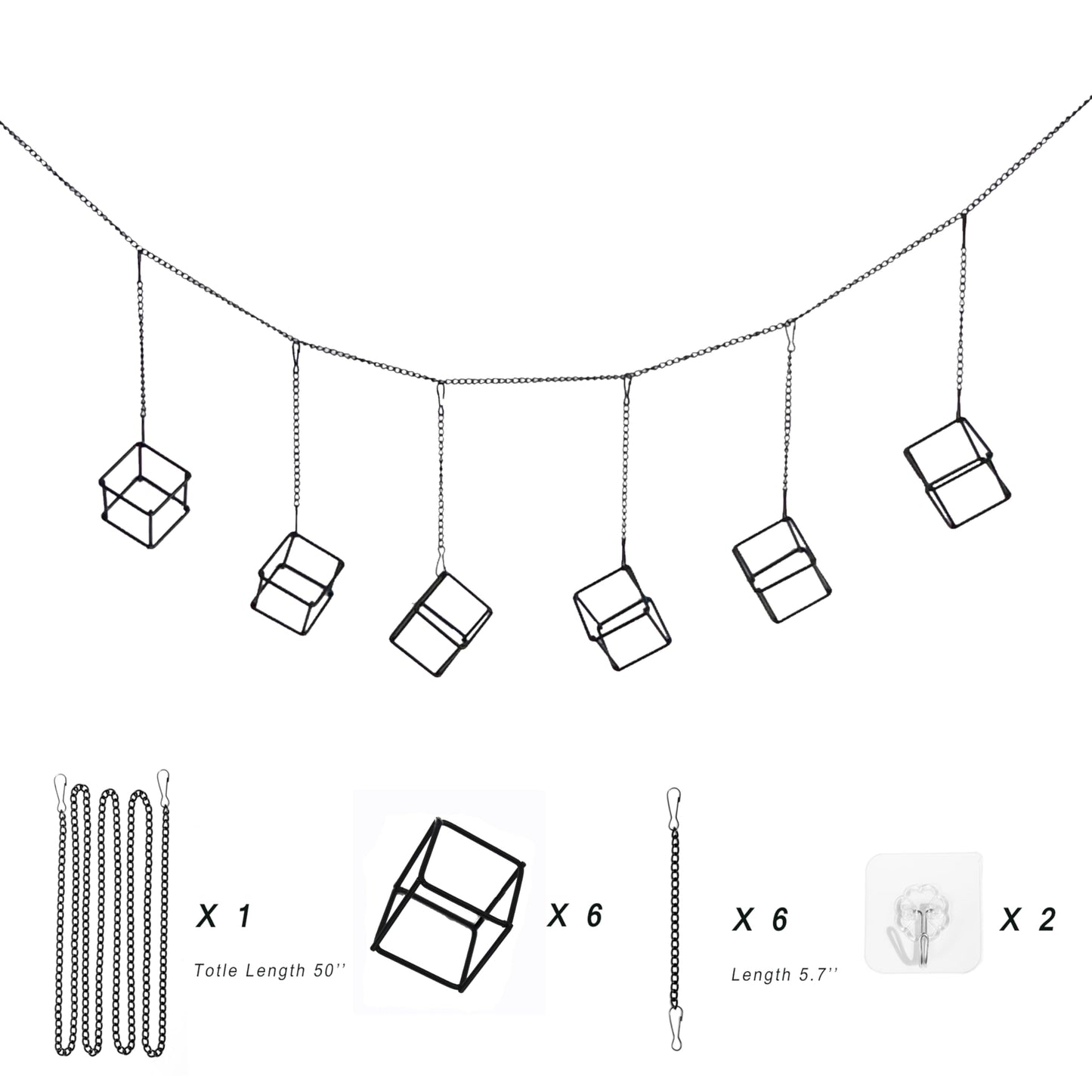 6 Pack Metal Hanging Air Plant Holders - Geometric Black Cube Tillandsia Hangers with Long Chains, Wall or Ceiling Mount for Small Air Plants, Home & Office Boho Decor (Individual or Combined Use)