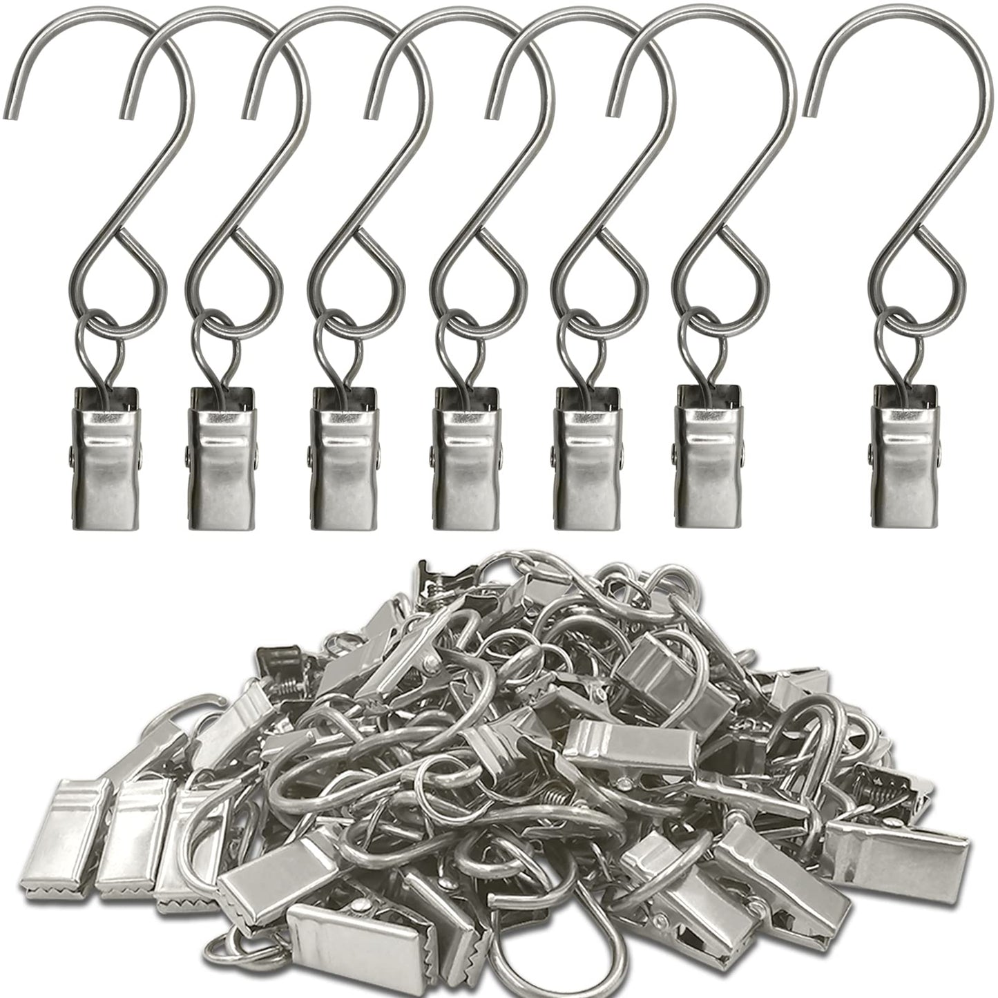 AMZSEVEN Stainless Steel S Hooks Curtain Clips, 50 Pack Hanging Party Lights Clips, Hangers Gutter Photo, Art Craft Display, 3 Inch Long, Silver