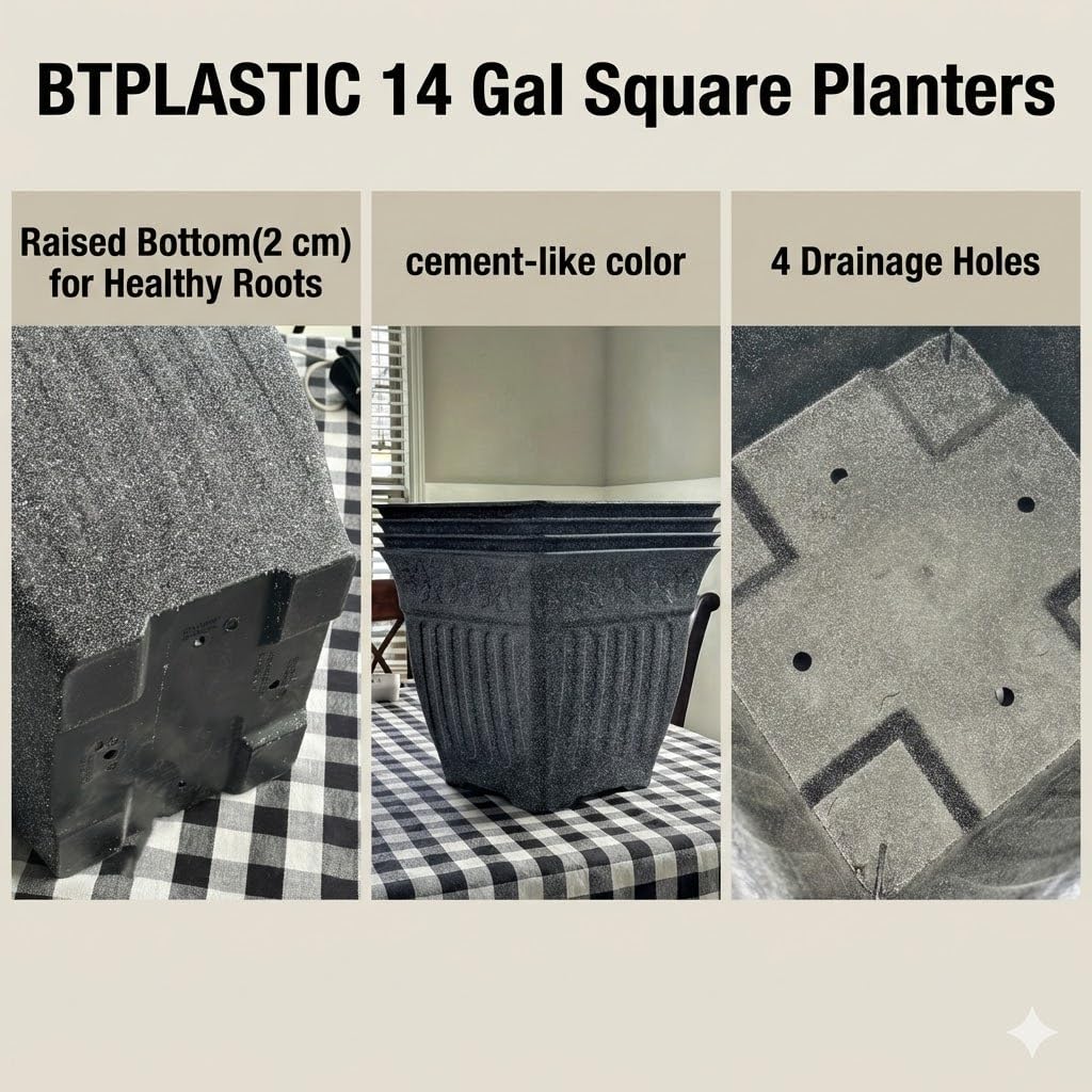 18'' Large Square Planter for Plants - 4 Pack Imitation Cement Plastic Flower Pots with Drainage Holes & 2cm Raised Base, 14 Gal Decorative Stone Like Garden Pot, Retro Plant Container