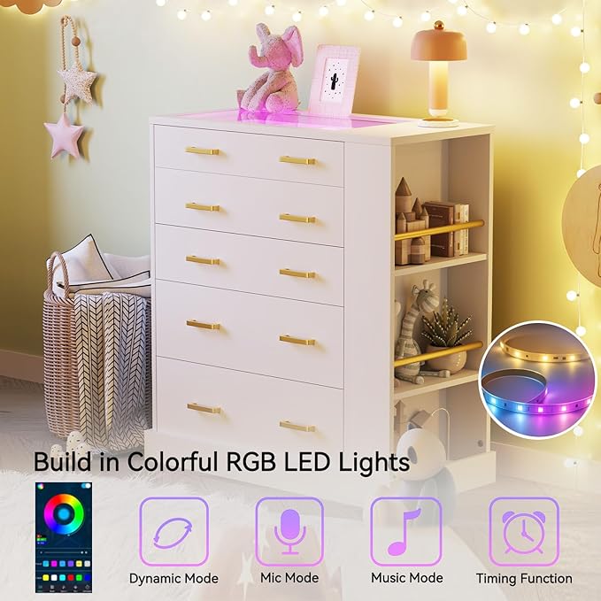 Drawer Dresser with LED Lights and Open Shelves, Modern Tall Chest of Drawers