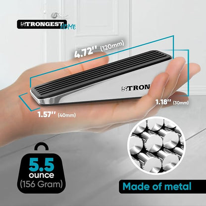 STRONGEST HOME Stoppers for Bottom of Door – Heavy Duty Metal Rubber Door Stopper, Non-Slip Door Stop for Heavy Doors, Works on Wood, Tile & Carpet Floors Wedge Chrome 4 PCs + 4 White Wall Protectors