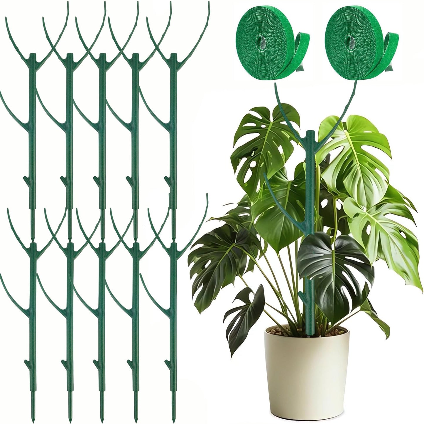 10 Pack Stackable Monstera Plant Support Climbing Plants Support Structures for Indoor Outdoor Plants Plant Holder Stick with Plant Ties for Support Tall Potted Plants, Bonus: 2 Roll of Gardening Tape