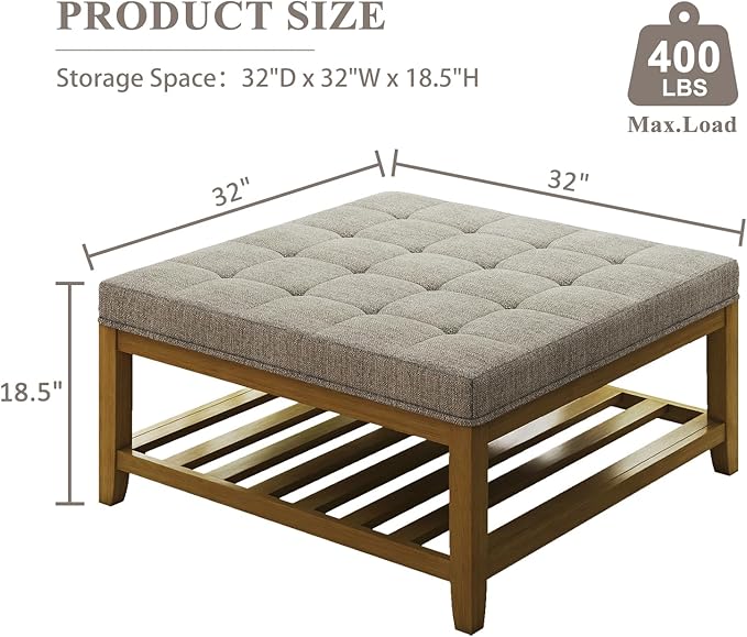 Befurtori Large Square Ottoman Coffee Table, Linen Solid Upholstered Footrest
