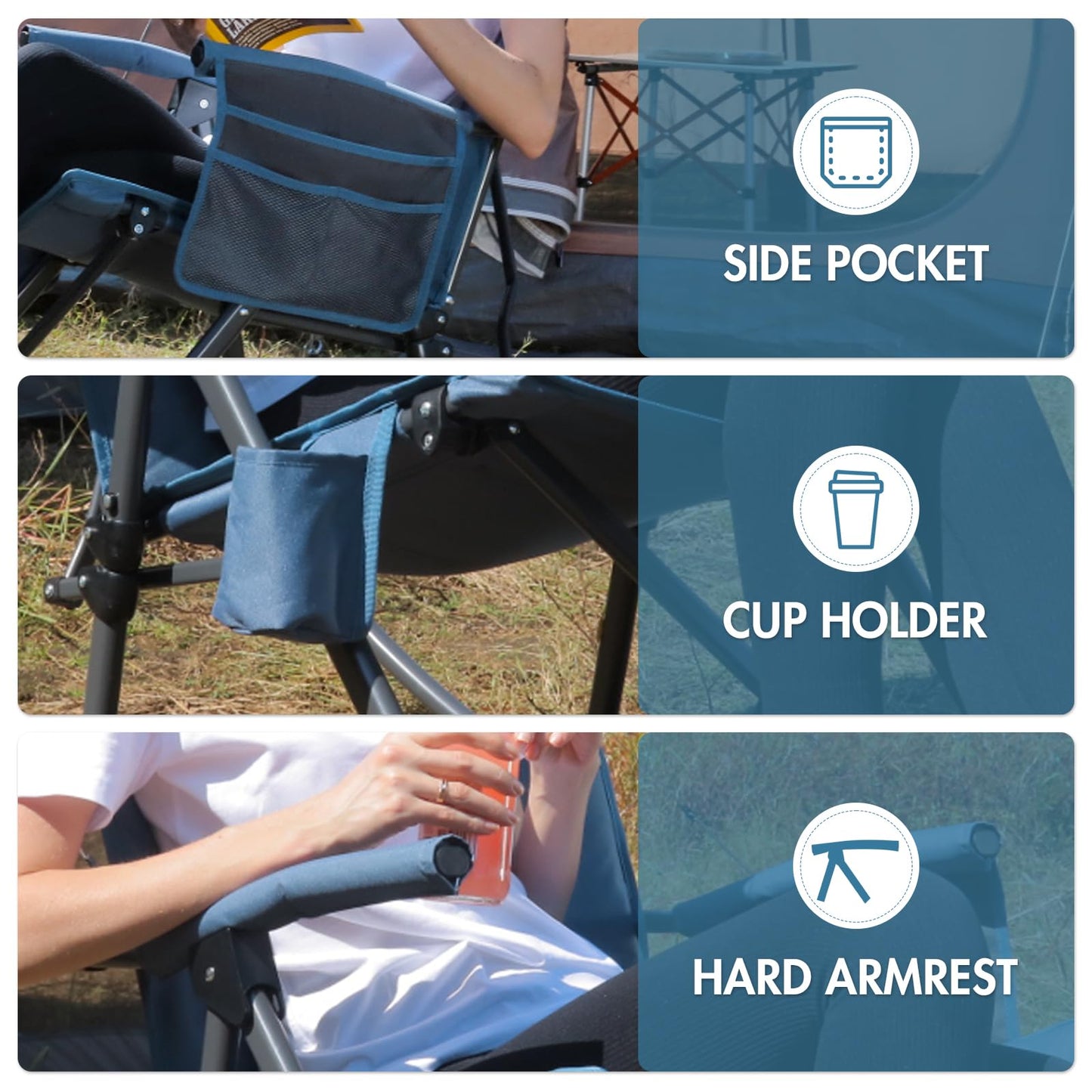 PORTAL Oversized Folding Rocking Camping Chair Portable Outdoor Rocker with High Back Hard Armrests Carry Bag, Supports 400 lbs, Mesh Back, Blue