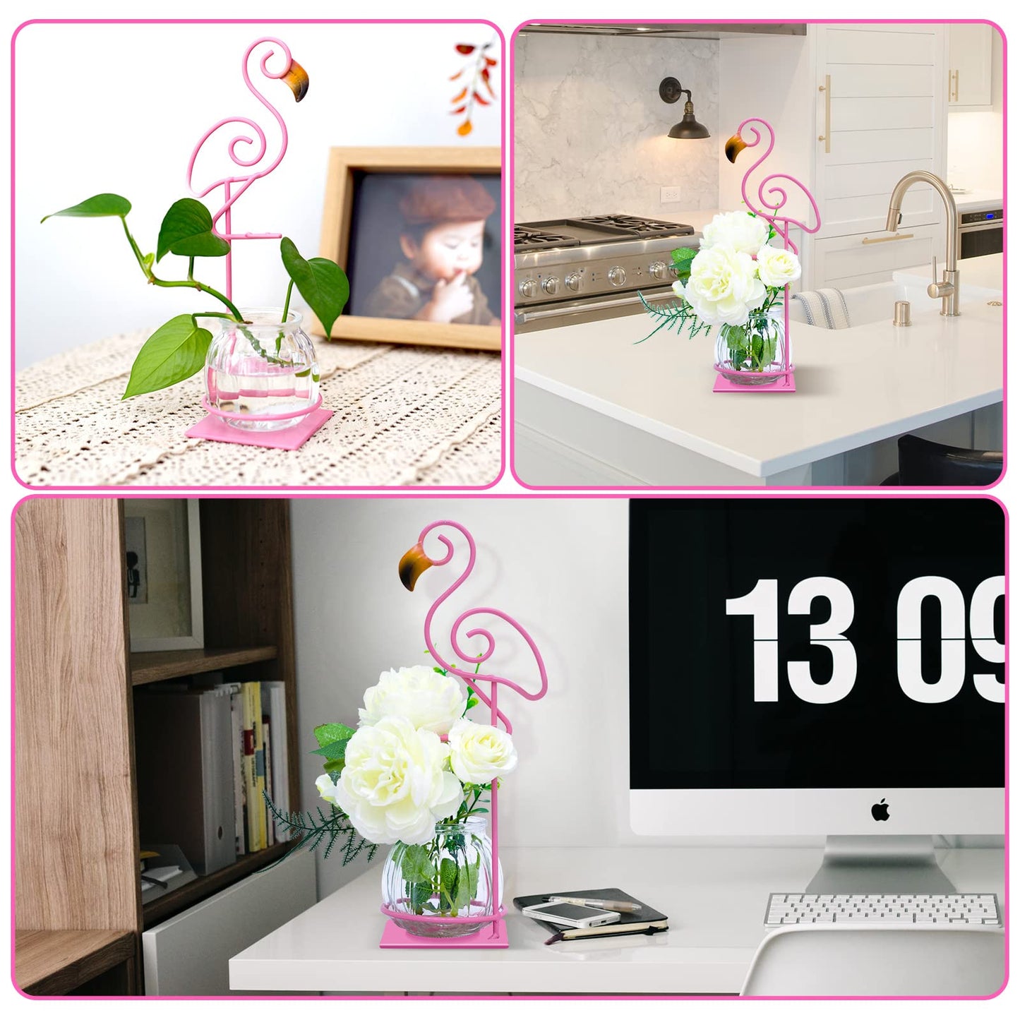 Joyathome Desktop Glass Planter Vase Holder, esktop Glass Planter Hydroponics Vase，Metal Flamingo Plant Terrarium， Stand for Plants Creative Decorations for Home Patio Lawn Garden