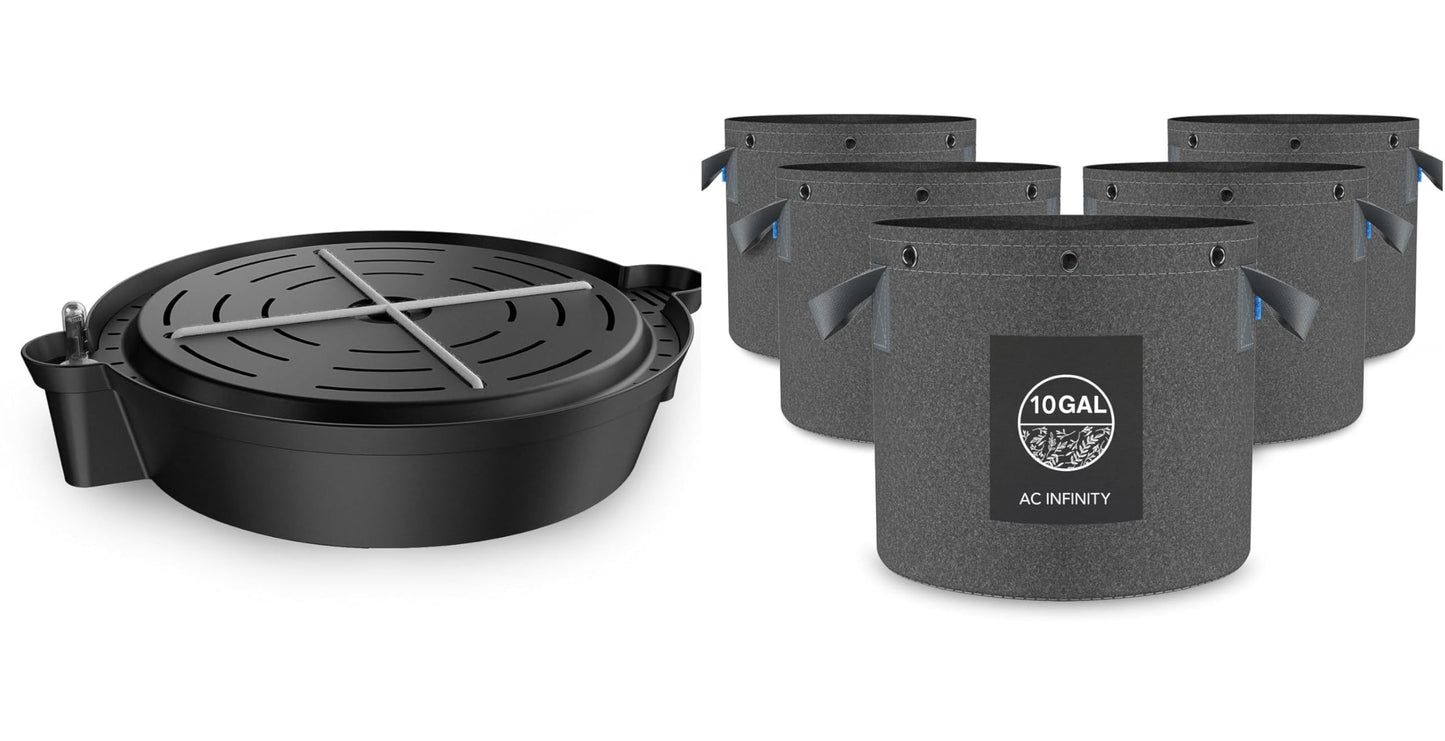 AC Infinity 10-Gallon Fabric Pots & Self-Watering Base XL Bundle – 5 Heavy-Duty Grow Bags with 4 Extra Large Auto-Irrigation Water Delivery Saucers for Indoor Tents, Greenhouses, and Gardens