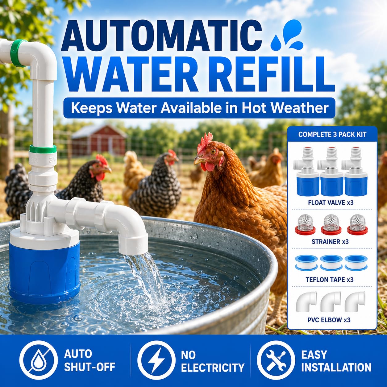 LAGWIUY 3/4 Inch Float Valve for Water Tank, 3 Pack Top Inlet Automatic Water Level Control Valve, Plastic Shut Off Float Valve for Livestock Waterer, Pond, Pool, Aquarium