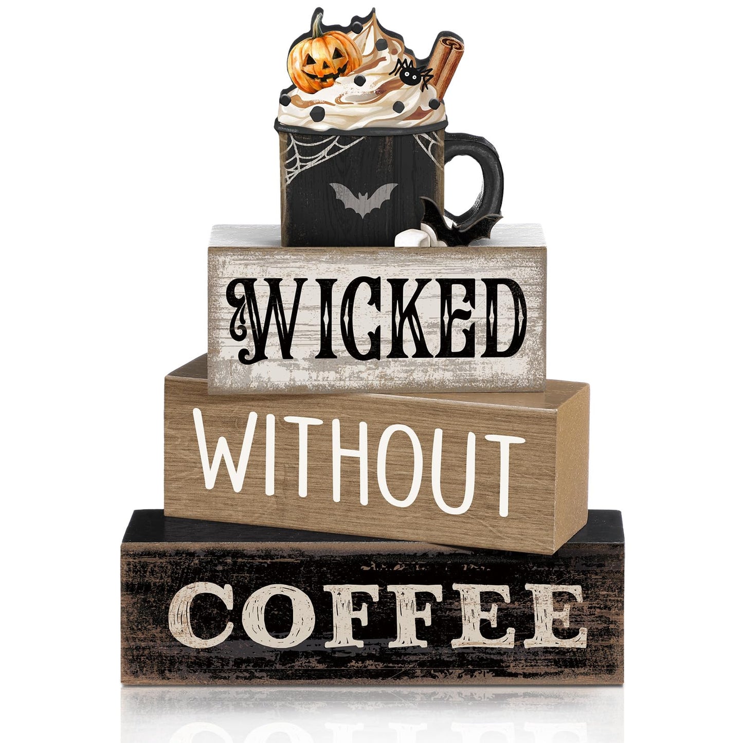 Lineshading 4 Pcs Halloween Coffee Table Decorations Wicked Wooden Stacked Sign Decor Rustic Halloween Tiered Tray Decor Decorative Pumpkin Ghost Hot Cocoa Centerpiece for Home Kitchen Coffee Bar