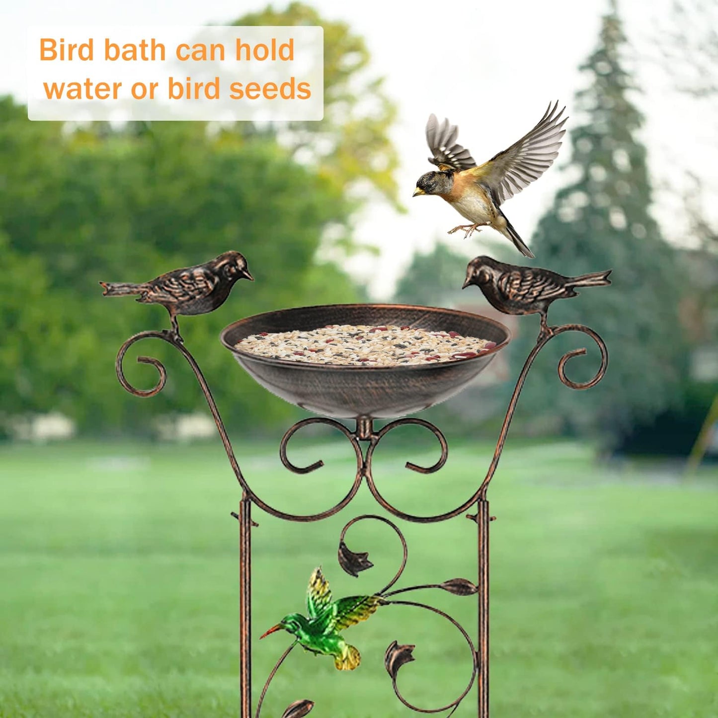 Garden Trellis Bird Bath Outdoor, 43.5 Inch Antique Iron Garden Plant Trellis Decorative with Hummingbirds and Detachable Drinking Basin Bowl, Free Standing BirdBath Birdfeeder Station