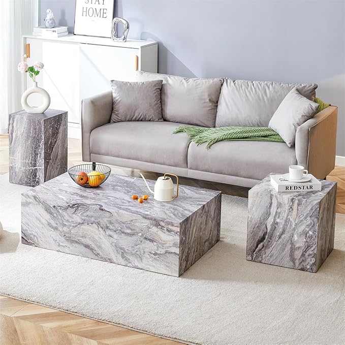 Coffee Table Set for 3, Living Room Table Set, Faux Marble Coffee Table and