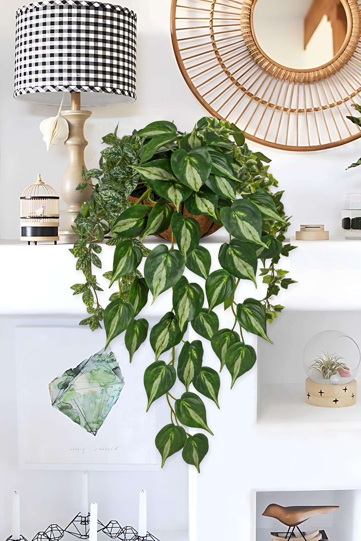 Fake Hanging Plant with Pot, Large Hanging Artificial Plants with Basket & Hanger Faux Greenery Plants Indoor Outdoor Decor Fake Pothos Plant in Pot for Wall Balcony Patio Office Bathroom Shelf