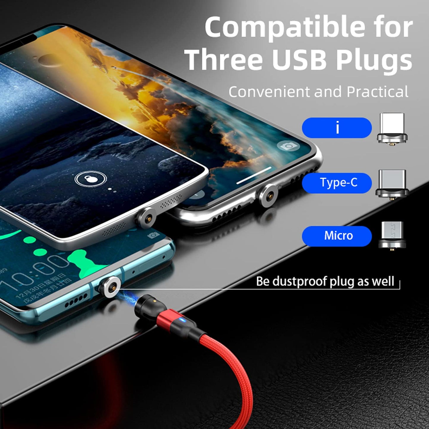 Bojianxin 540 Rotation Magnetic Charging Cable (7-Pack, 1.6ft/3.3ft/3.3ft/6.6ft/6.6ft/10ft/10ft) - 3 in 1 Magnetic Phone Charger Compatible with Micro USB, Type C etc