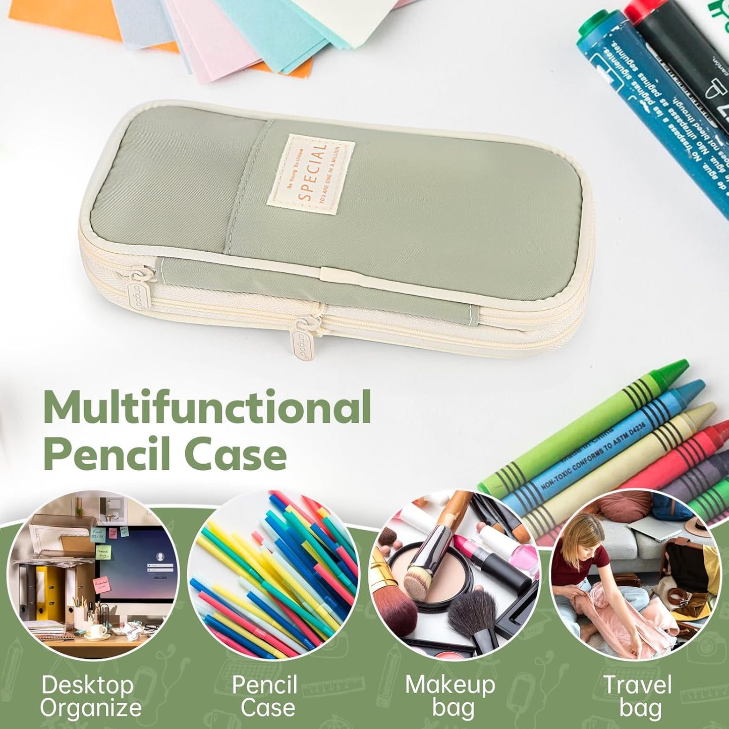 Pencil Case, Large Capacity Aesthetic Pencil Cases with Durable Zipper, Big Stationery Pencil Pouch for Women & Men, Adults Portable Storage Organizer Bag for College, Office, Travel (Green)