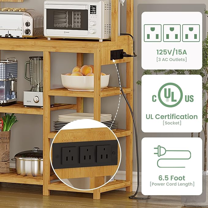 Bakers Rack with Power Outlets, 8-Tier Microwave Stand, Kitchen Utility Storage