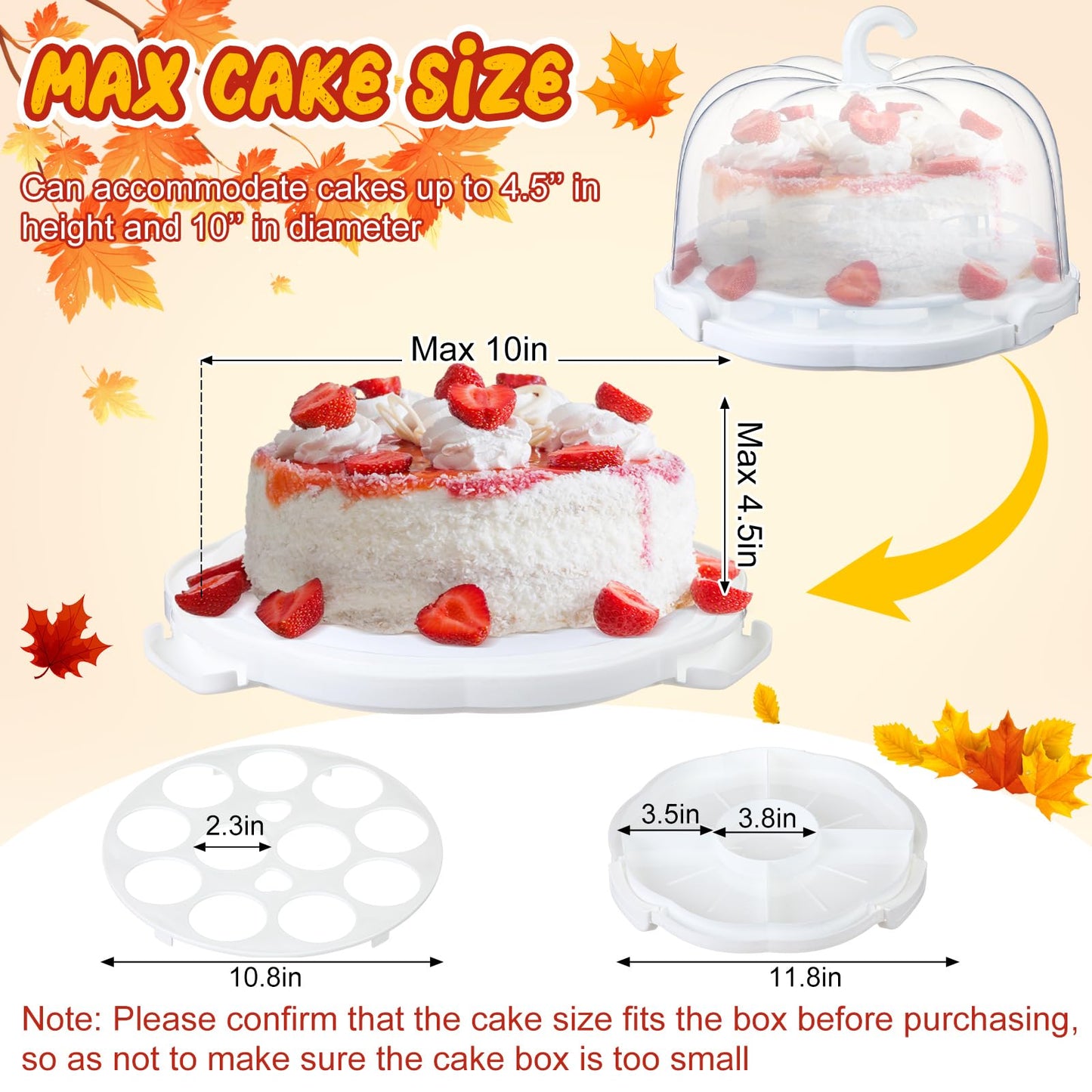 Zhehao 10 Inch Fall Cake Carrier Holds, Pumpkin Cake Stand with Lid and Handle, Halloween Autumn Harvest Plastic Transport Storage Container, Suitable for Transporting Pies, Cupcakes and More(White)