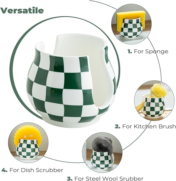Kitchen Sponge Holder, Ceramic Sponge Organizer Checkered Scrubby Holder Sink