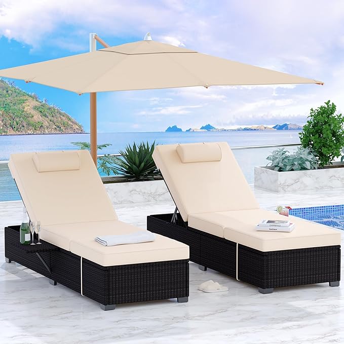 PeakPursuit Patio Lounge Chairs, Outdoor PE Wicker Chaise Lounge Set of 2