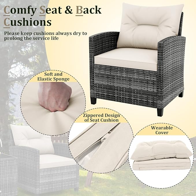 HAPPYGRILL 3 Pieces Patio Conversation Set PE Rattan Outdoor Furniture Sofa Set